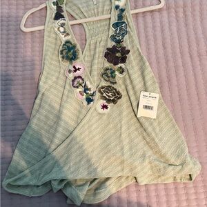 Free People Mint Floral Embroidered Tank Top